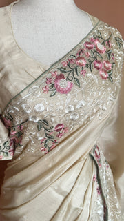 Soft tussar silk saree with embroidered border with stitched blouse