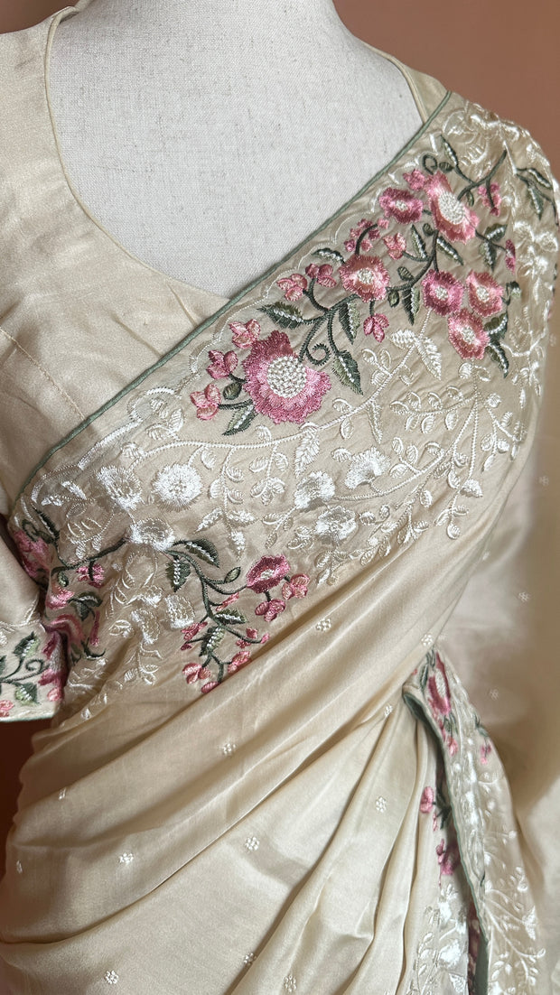 Soft tussar silk saree with embroidered border with stitched blouse