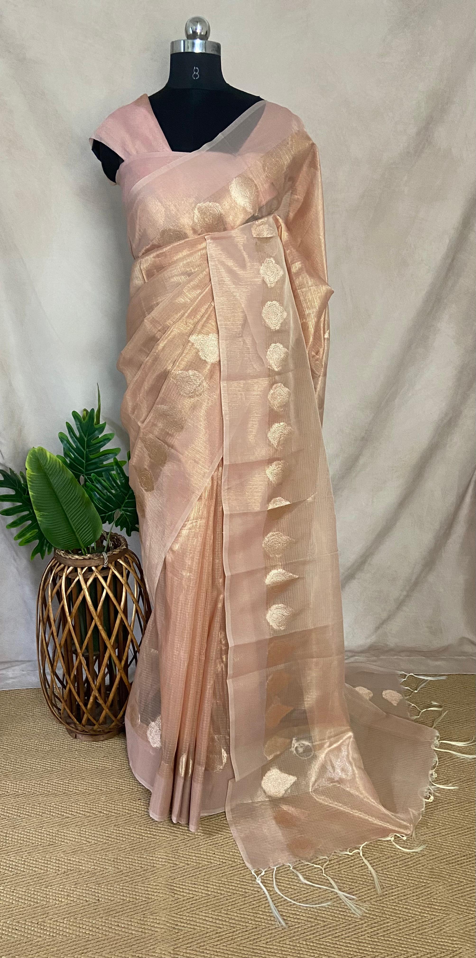 Light Peach Banarasi tissue cotton saree with BP