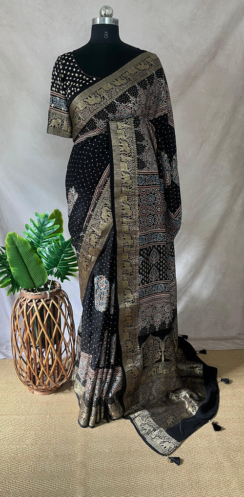 Ajrakh hand block printed premium dola silk saree with stitched blouse