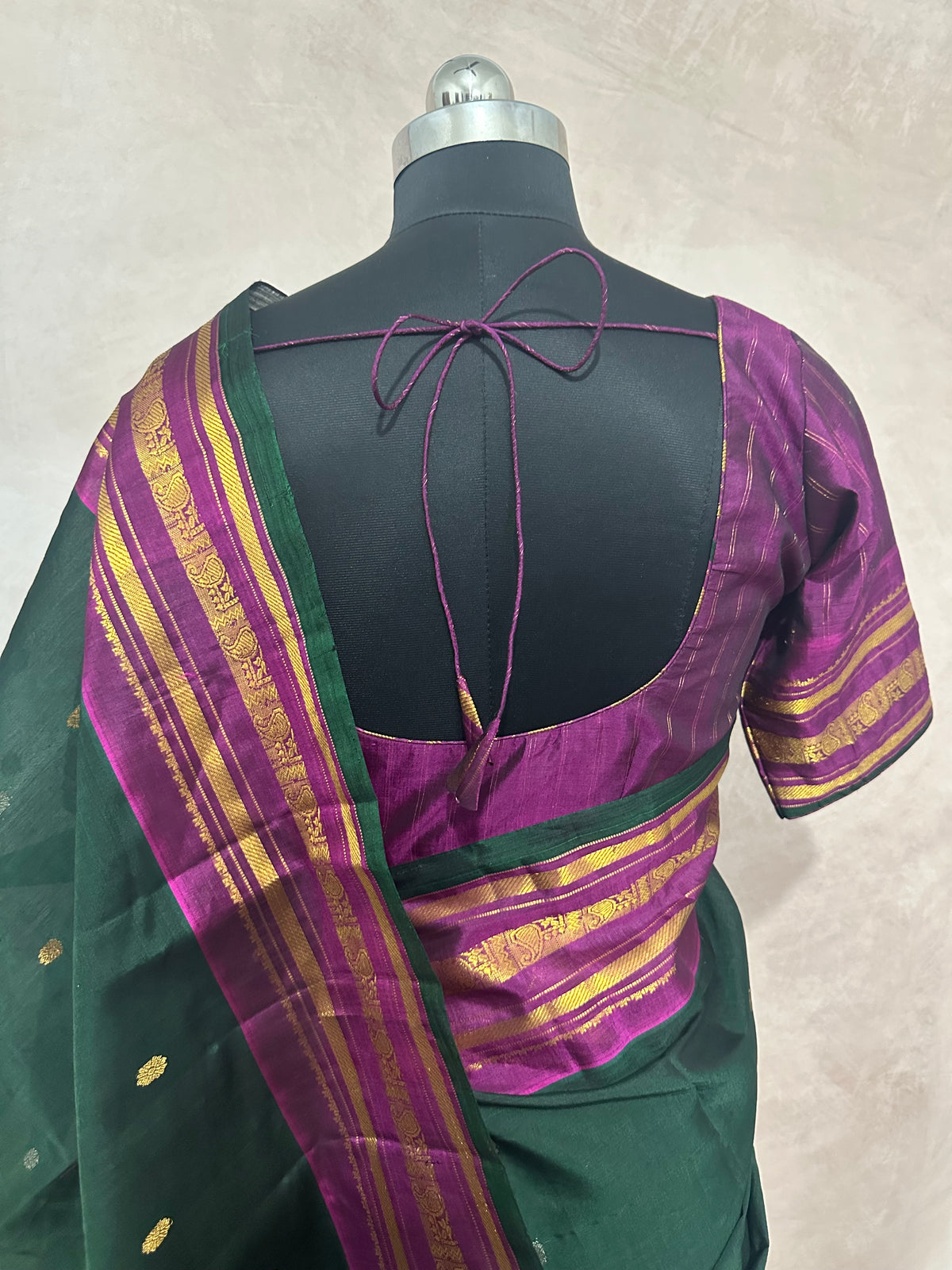 Handloom pure silk cotton green gadwal silk saree with stitched blouse