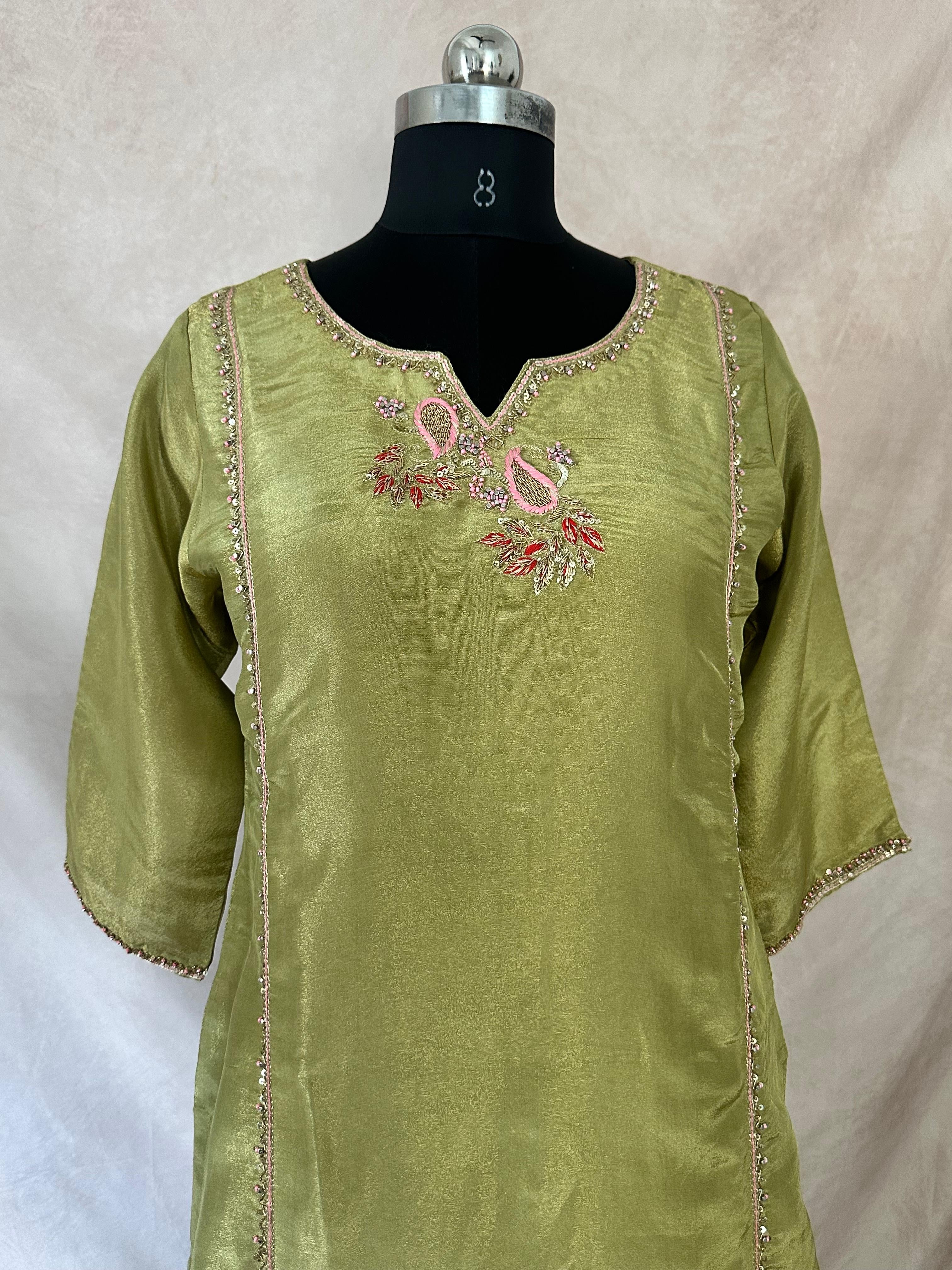 Olive green tissue silk short kuti with hand emroidery and flared palazzo and dupatta