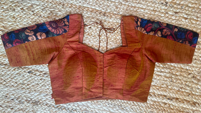 Rust color silk blouse with kalamkari patch work