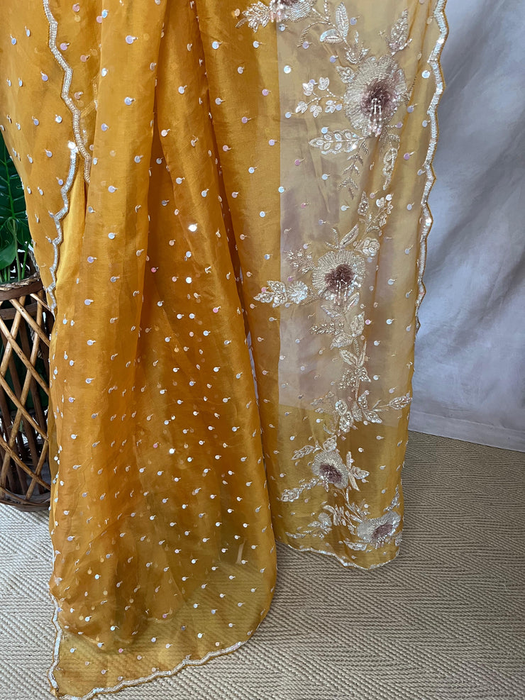 Orange Organza silk saree with 3D embroidery , with stitched blouse