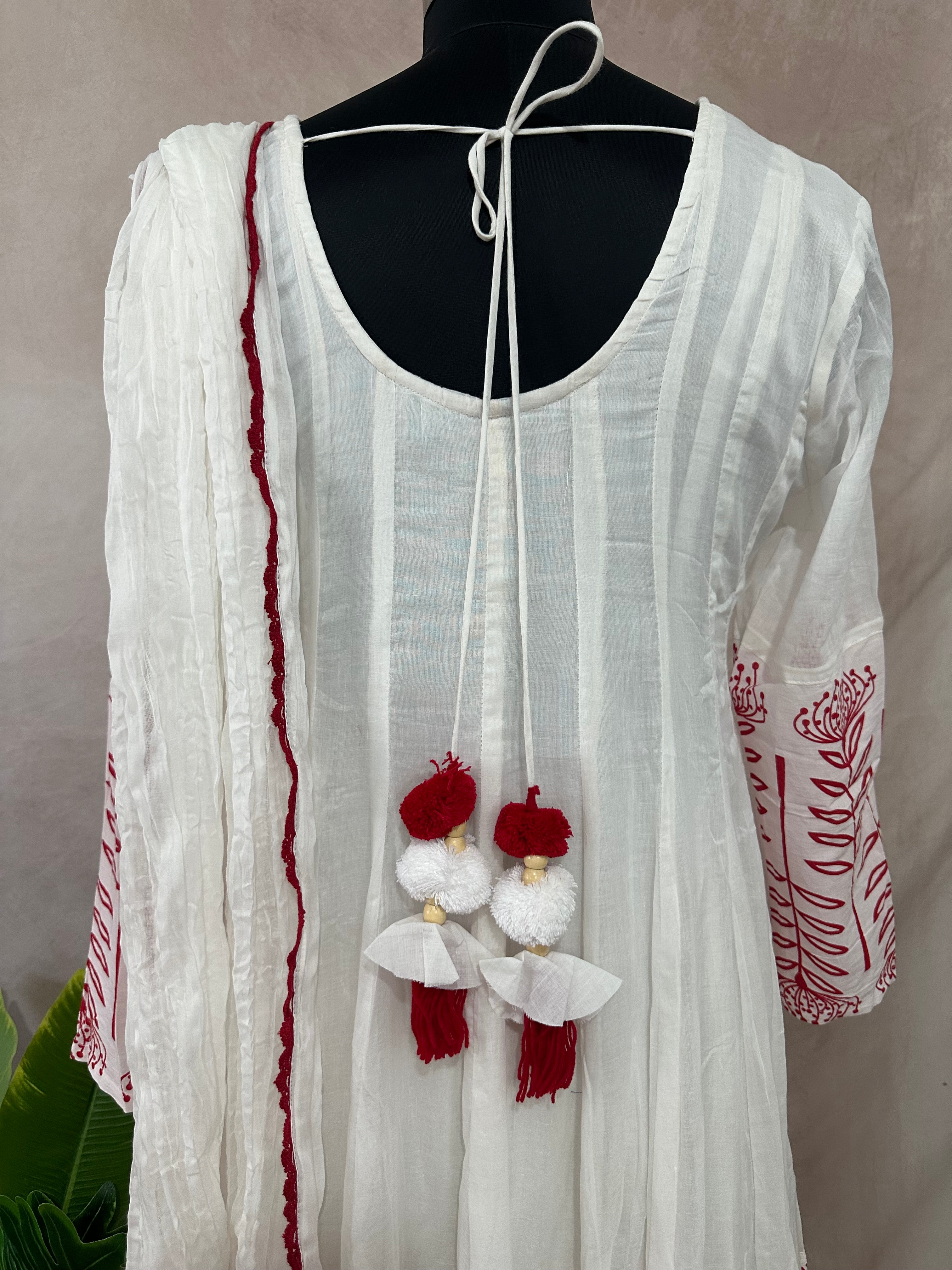 White and red pure cotton flared designer anarkali set