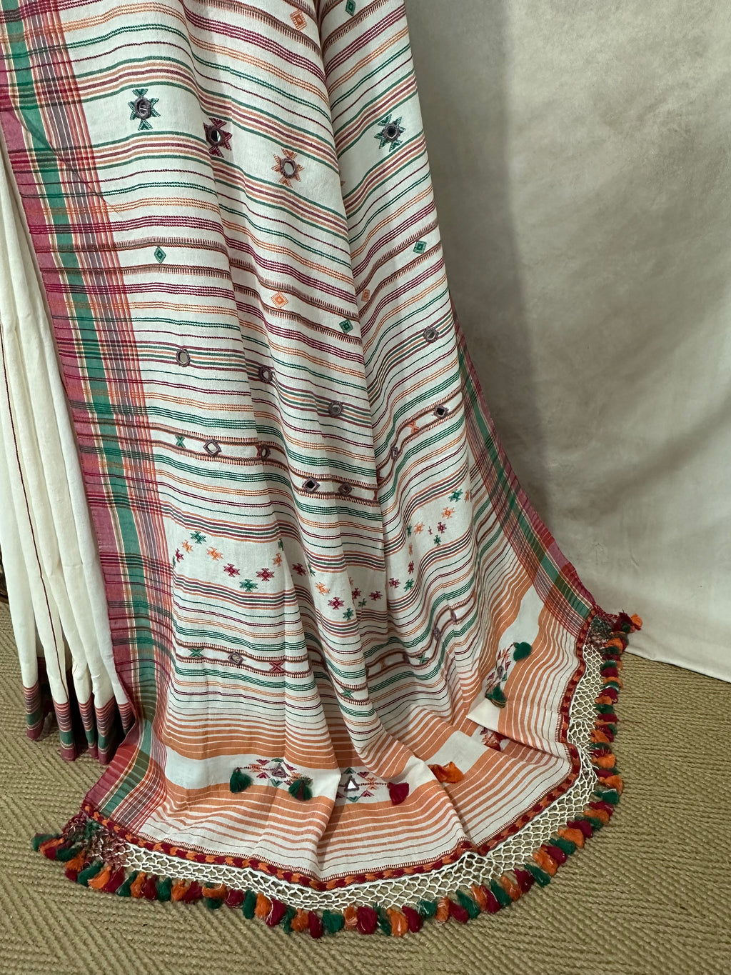 Organic Kala cotton handloom saree with mirror work , stitched blouse