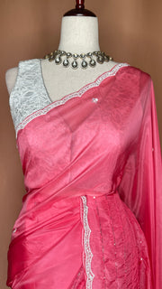 Watermenlon pink georgette organza saree with sequins work, with BP