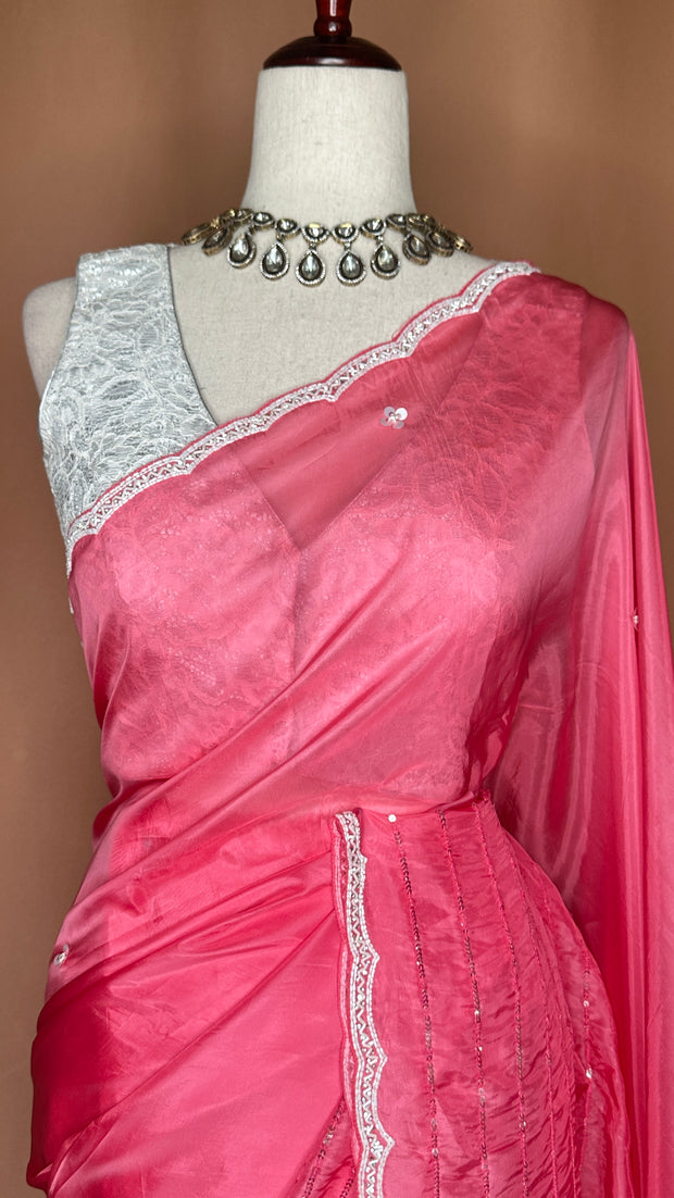 Watermenlon pink georgette organza saree with sequins work, with BP