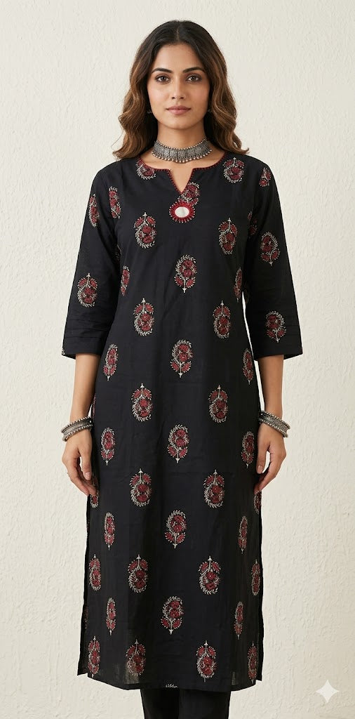 Black printed cotton kurti with mirror work