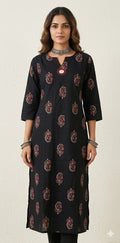 Black printed cotton kurti with mirror work