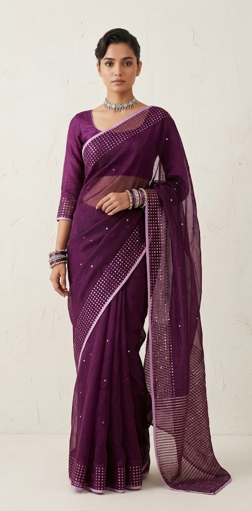 Muslin pure silk saree with sequins weave and stitched blouseSilk mark certified