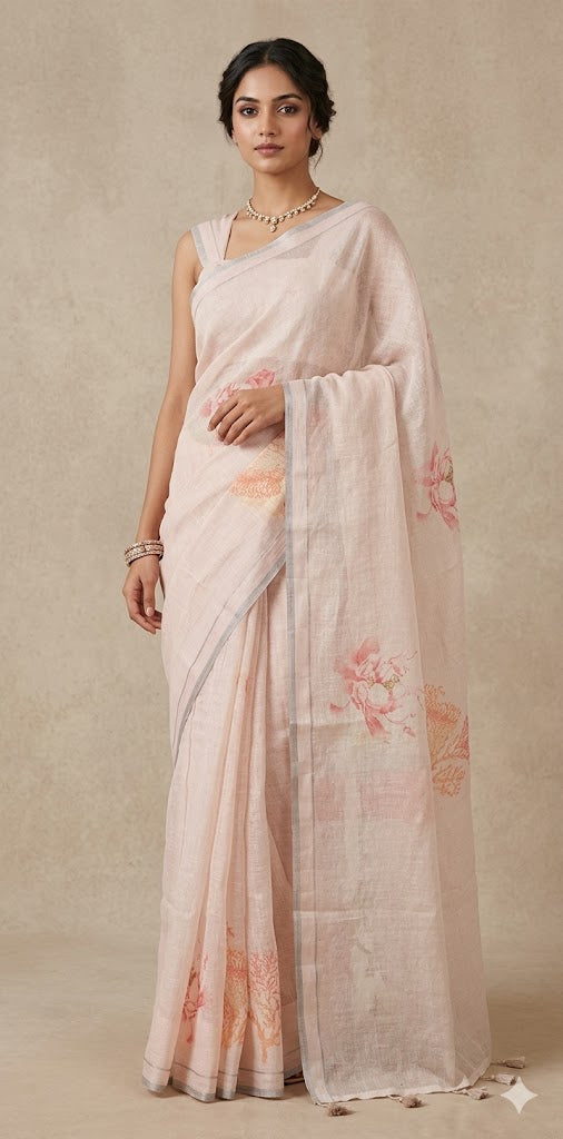 Linen floral digital Printed saree , with BP