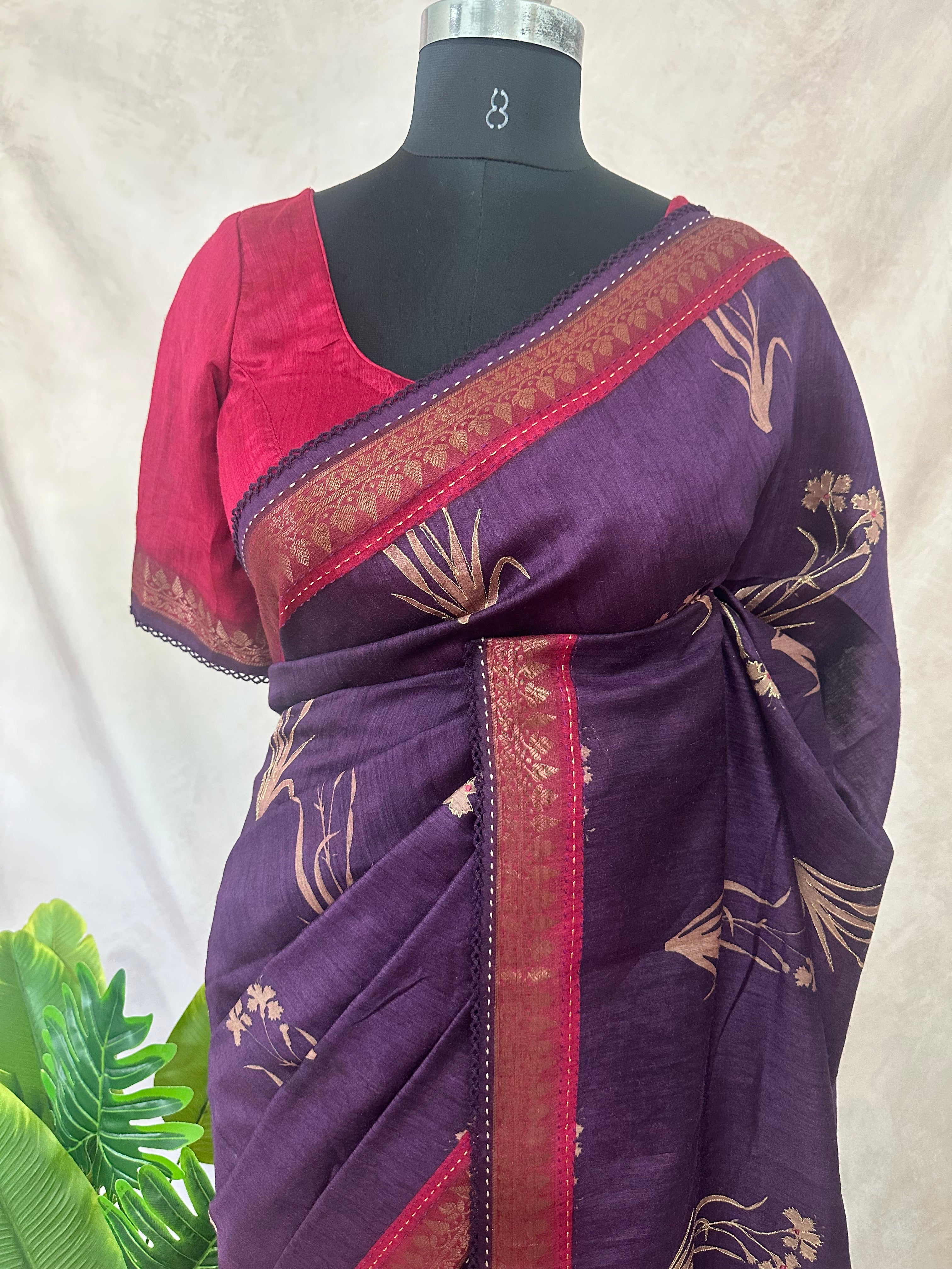 Blended Tussar silk saree with block prints and high lighted with handwork, stitched blouse