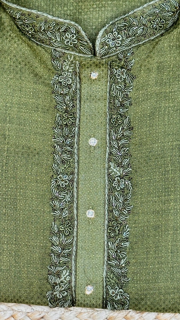 Olive green cotton silk kurta with hand emroidery - 42