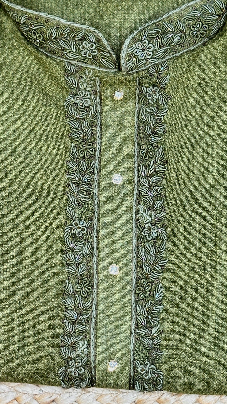 Olive green cotton silk kurta with hand emroidery -38