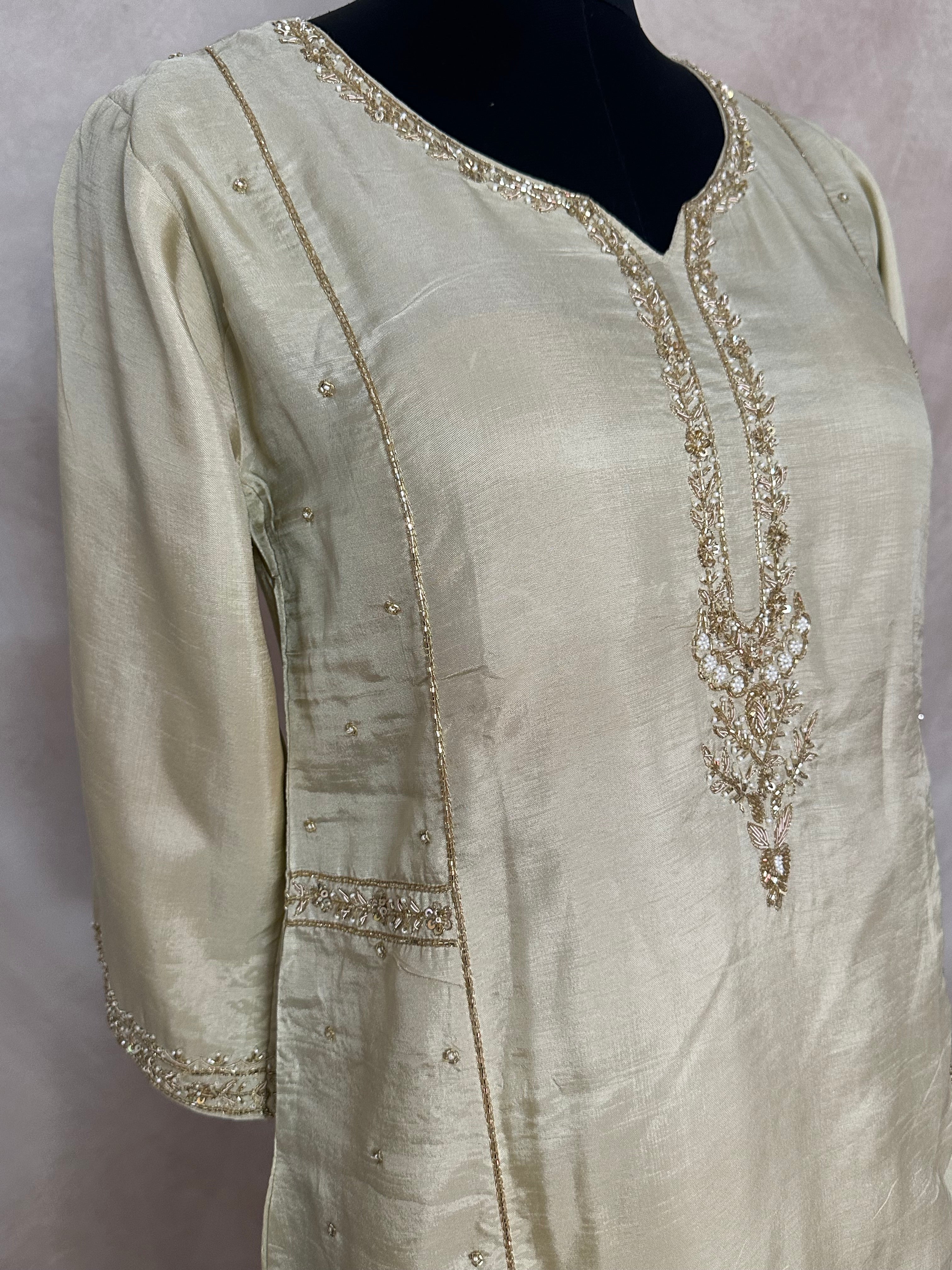 Cream color cotton silk kurti with handwork , comes with bottom and dupatta