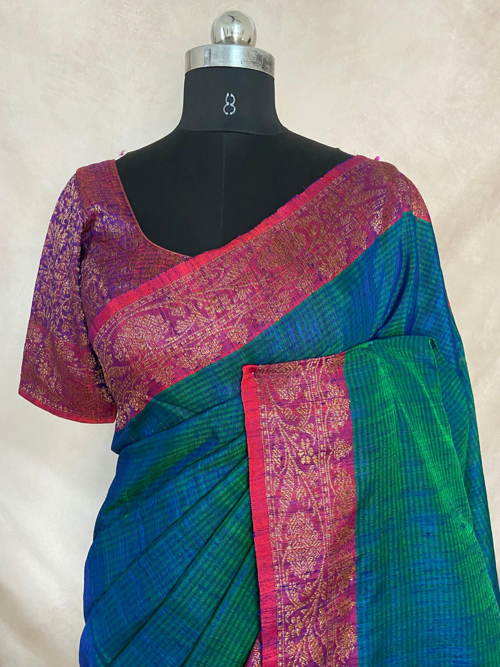 Green and blue double shared pure dupion silk saree with stitched blouse