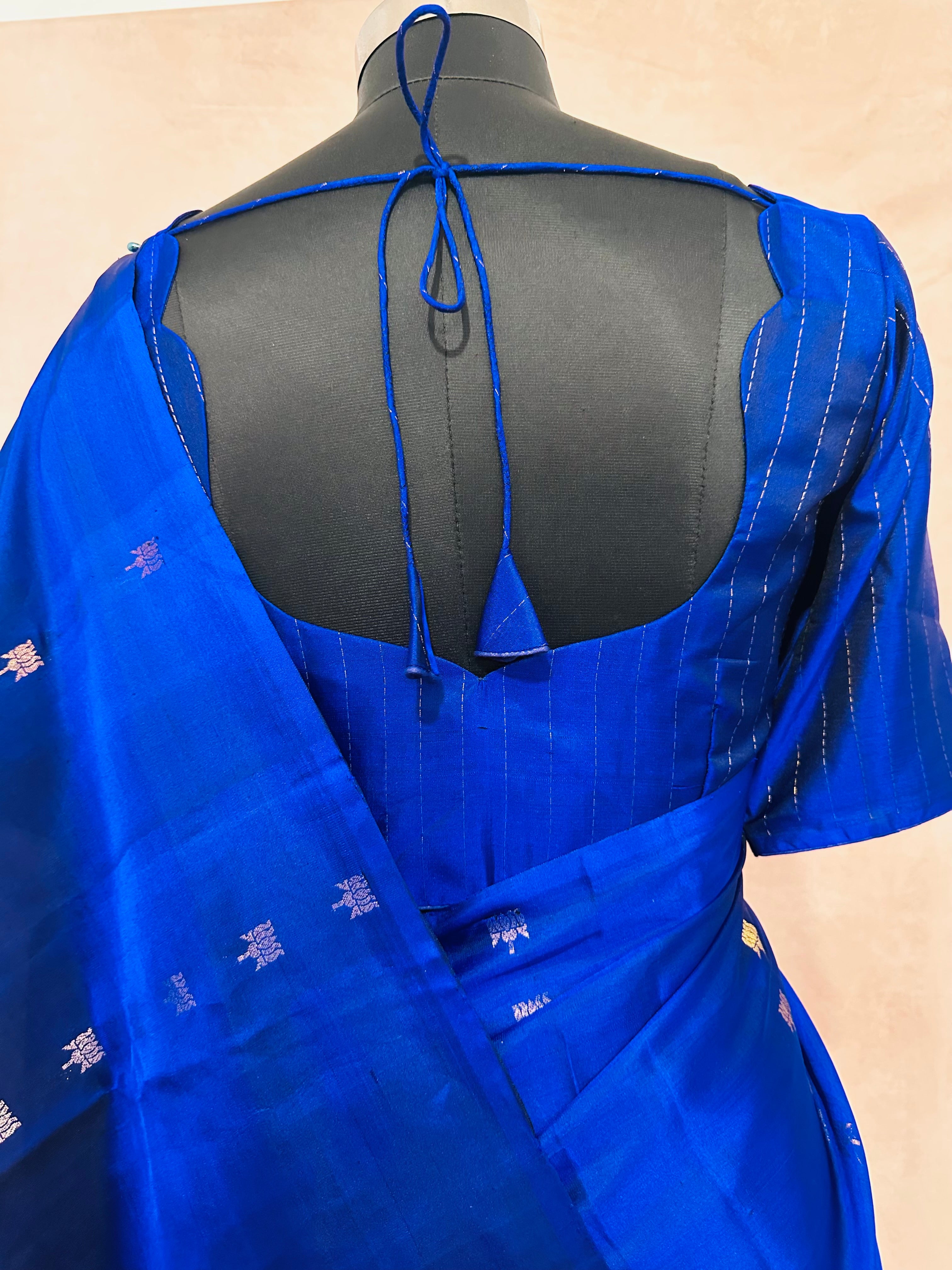 Blue pure Kanchivaram soft silk saree with stitched blouse