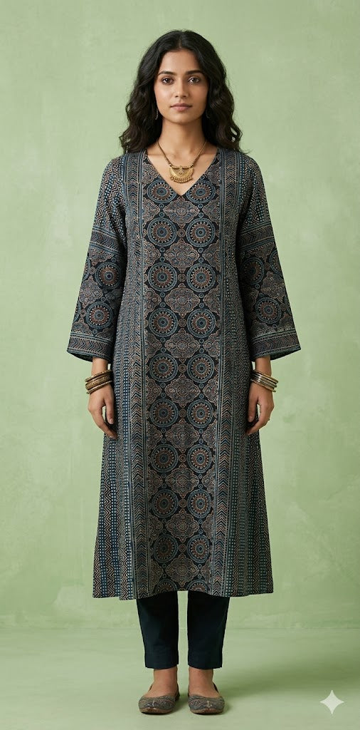 Indigo blue mashru silk kurti with ajrakh hand block print