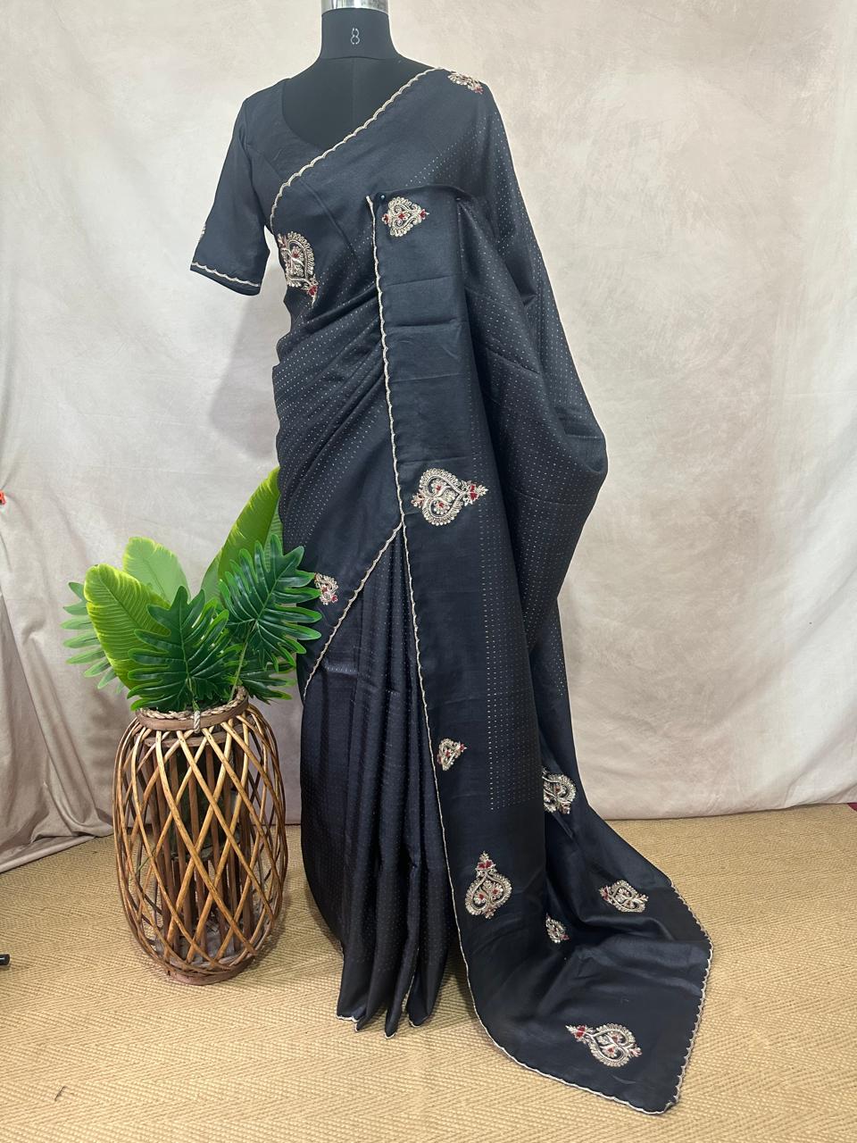 Dark grey pure tussar silk saree with hand work and stitched blouse