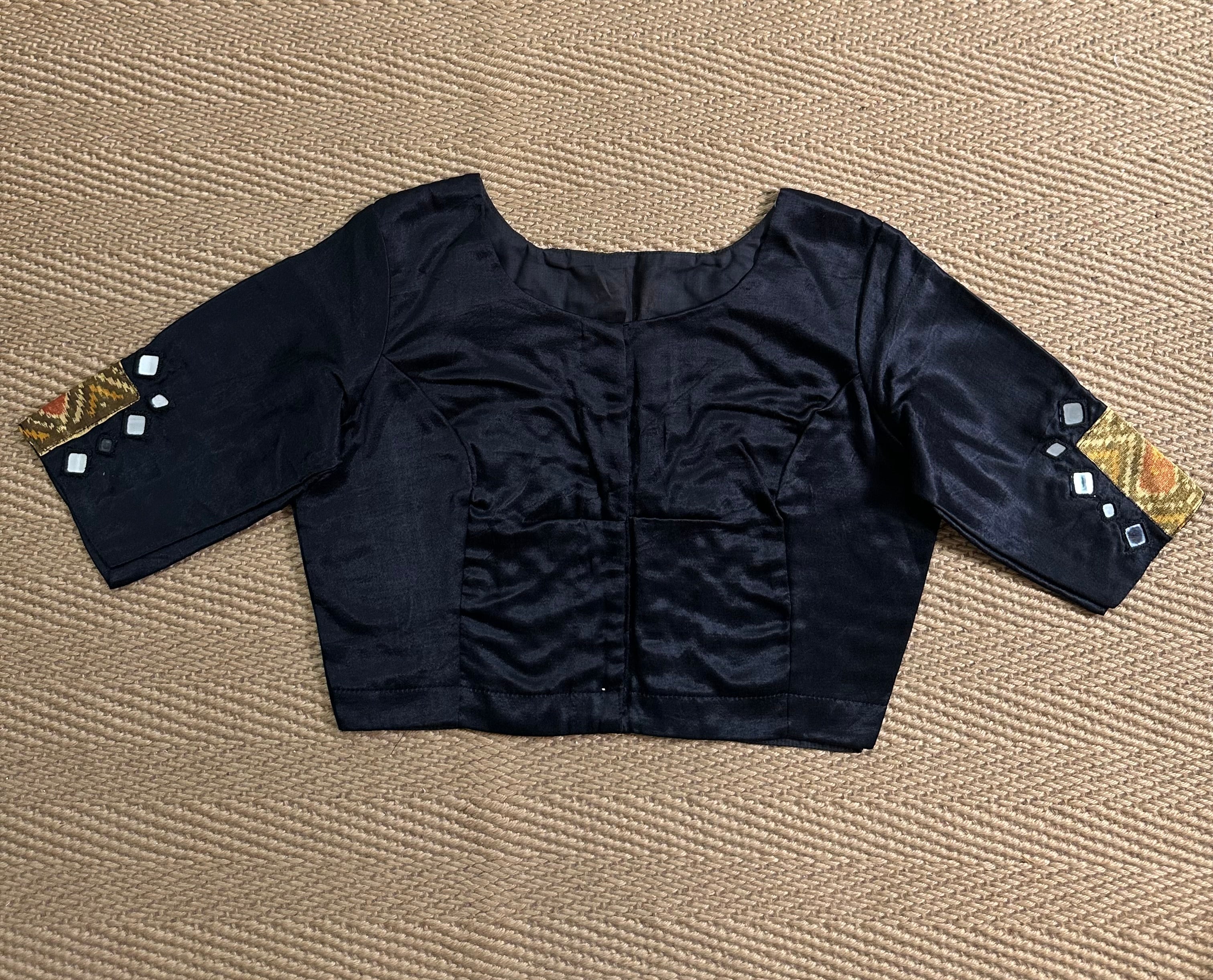Black modal silk blouse with mirror work and patch work