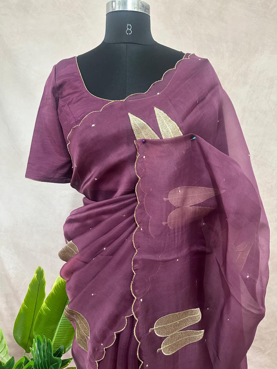 Purple organza saree with stitched blouse