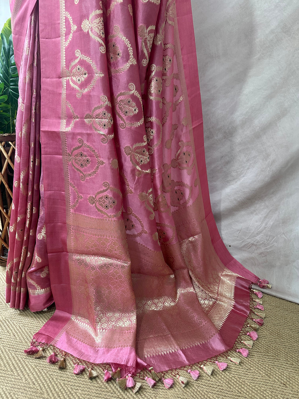 Raw mango meena jal saree with stitched blouse