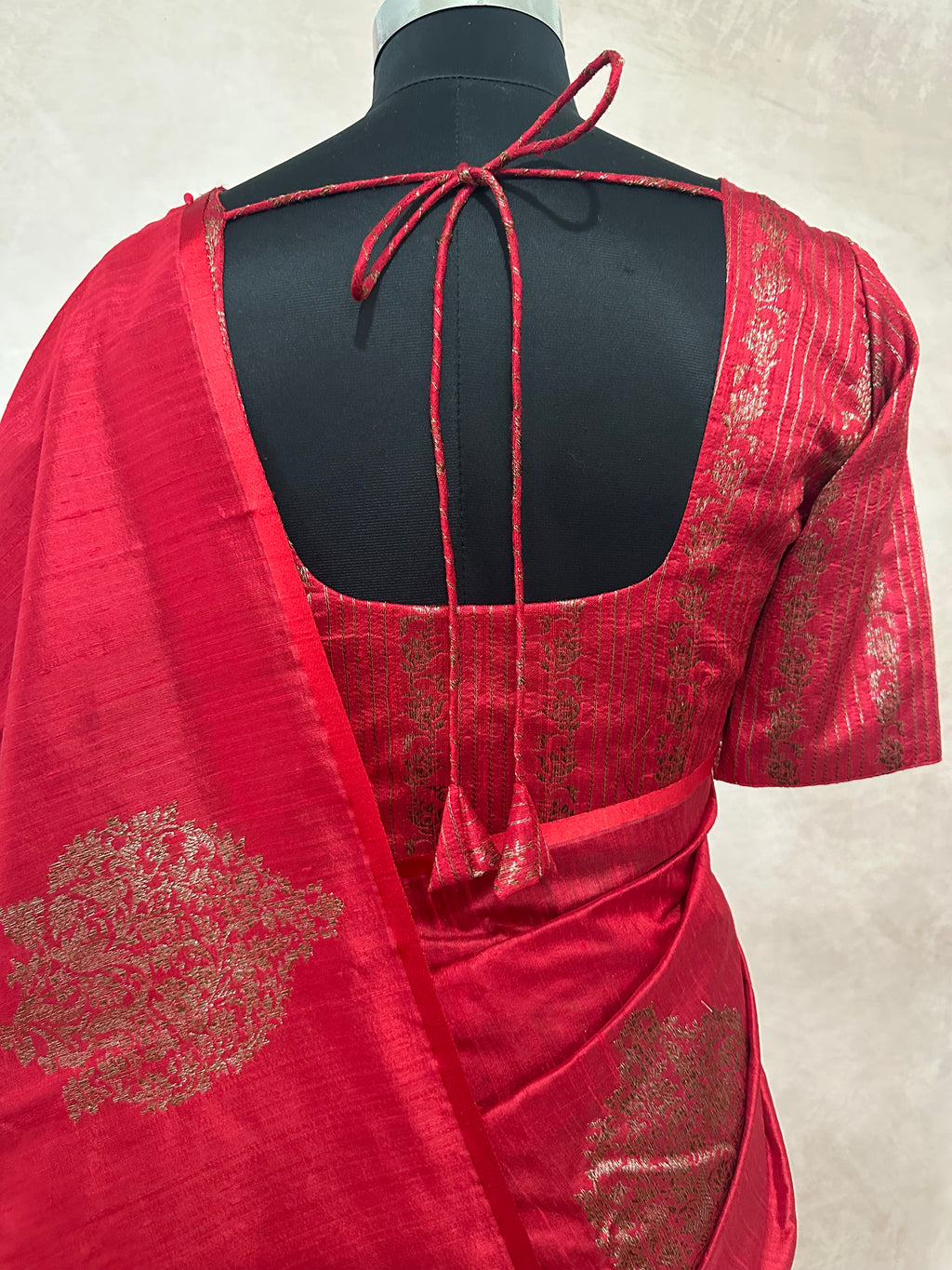 Red raw silk saree with banarsi border and stitched blouse