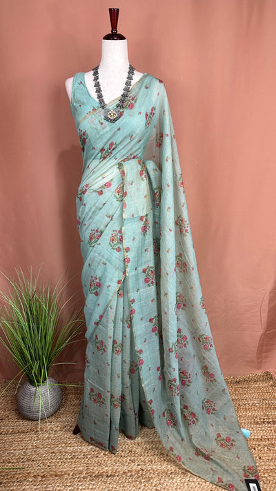 Tissue chanderi printed cotton saree with stitched blouse
