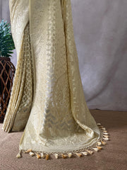 Light yellow pure Geogette silk saree with stitched blouse