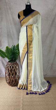 Mulcotton saree with blue and gold border