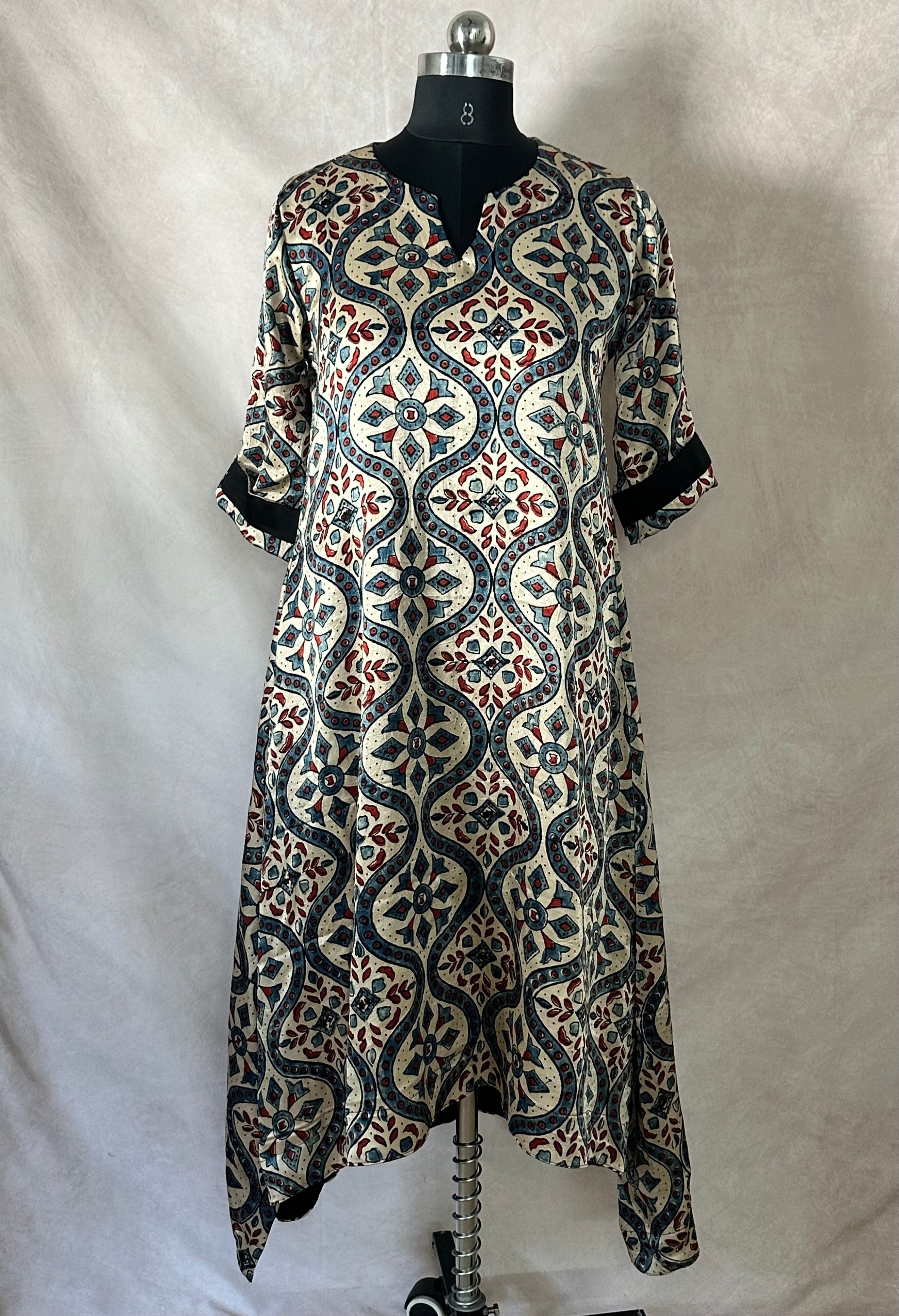 Cream and blue mashru ajrakh dress with high low pattern