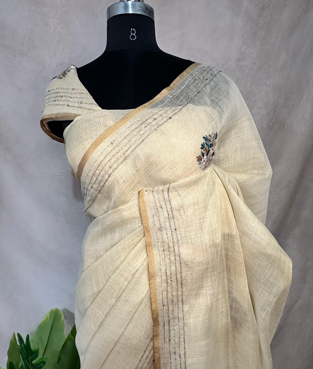 Soft linen tissue saree with handwork, with BP