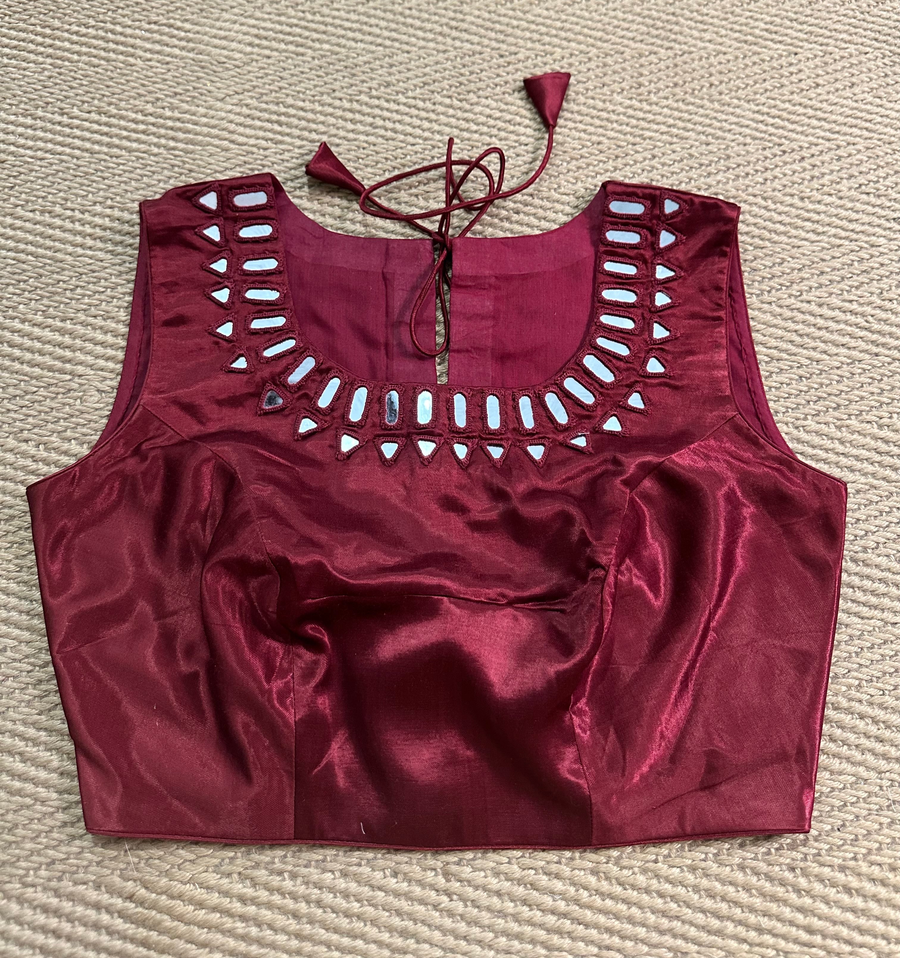 Maroon modal silk blouse with mirror work
