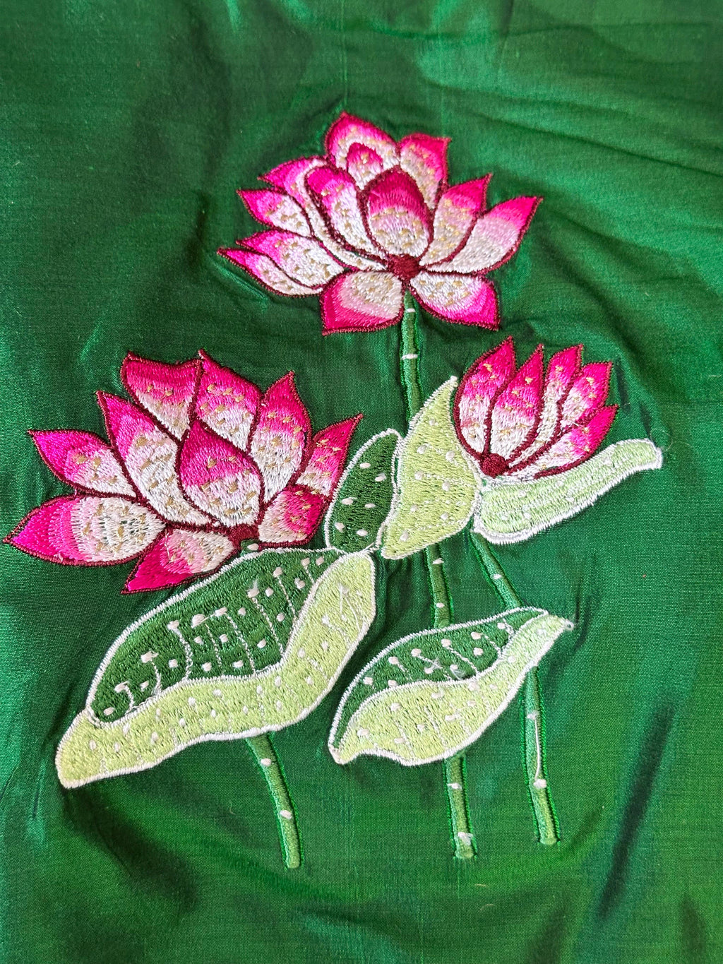 Bottle green silk blouse with lottus embroidery