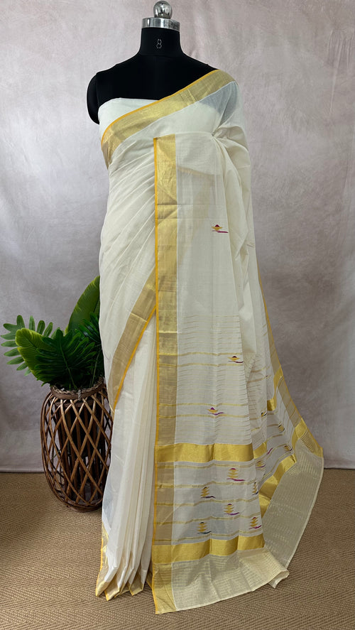 Balaramapuram handloom saree with multi color weave pallu and gold border