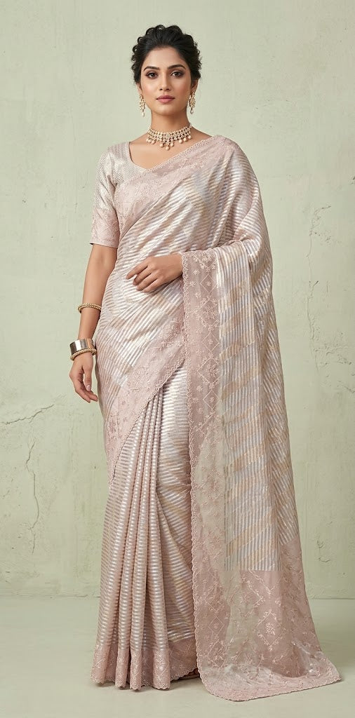 Tissue organza designer saree with hand emroidered border and pallu, with blouse