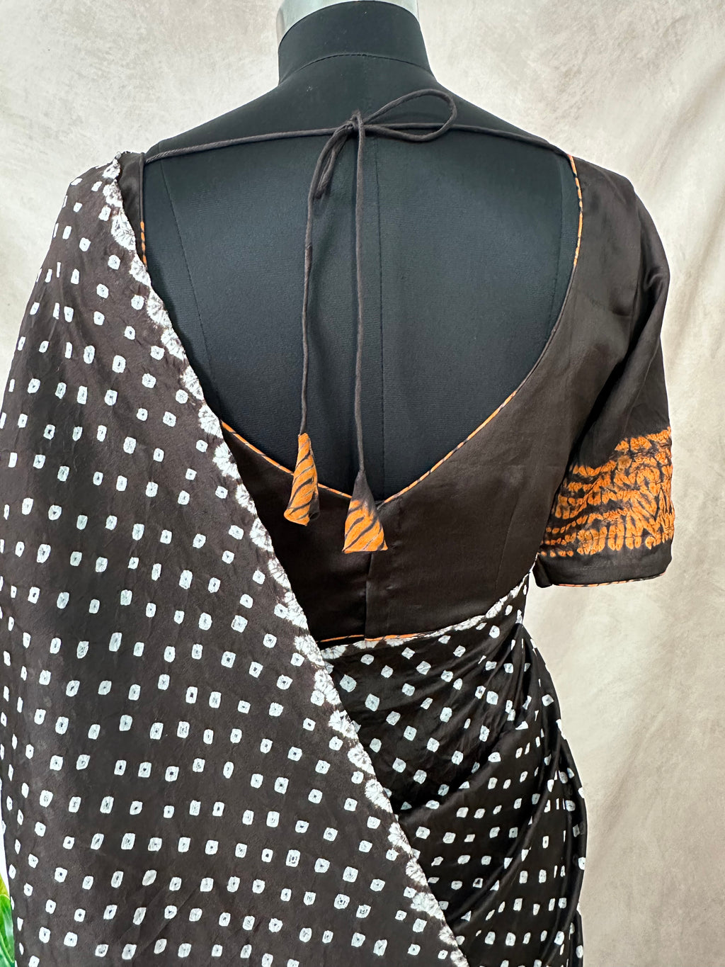 Pure chanderi silk saree with Bandhini and shibori work, stitched blouse