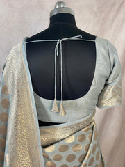 Grey Pure tussar silk saree eith stitched blouse