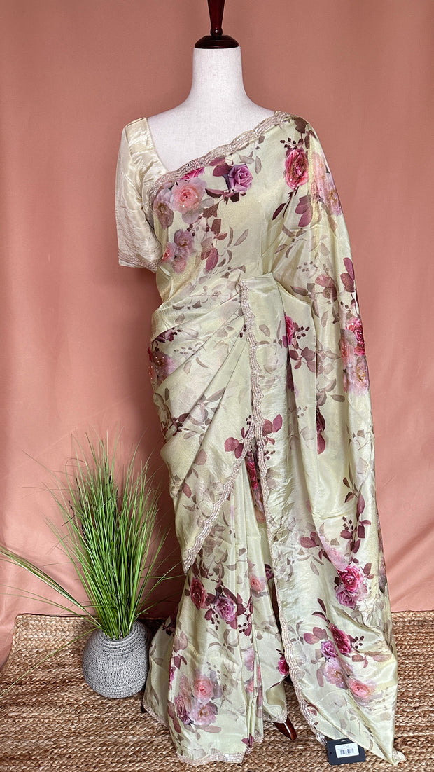 Tissue crepe silk saree with sequins border, stitched blouse