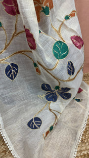 Tissue linen saree with kamalkari patch work, with contrast blouse