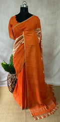 Orange pure munga silk designer weave (single Motif) saree with stitched blouse