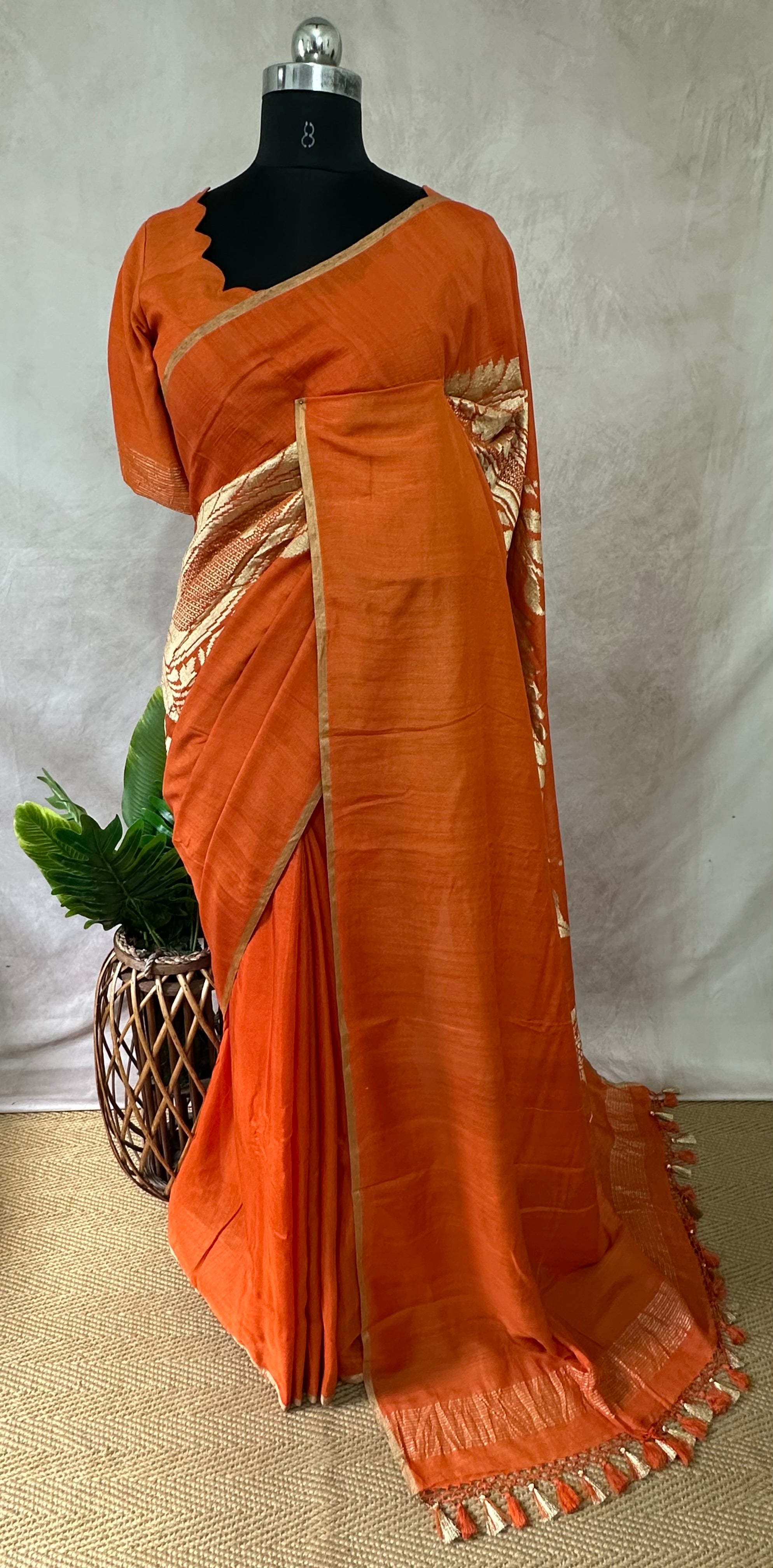 Orange pure munga silk designer weave (single Motif) saree with stitched blouse
