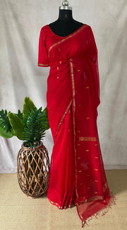 Pure Red Maheshwari silk saree with stitched blouse