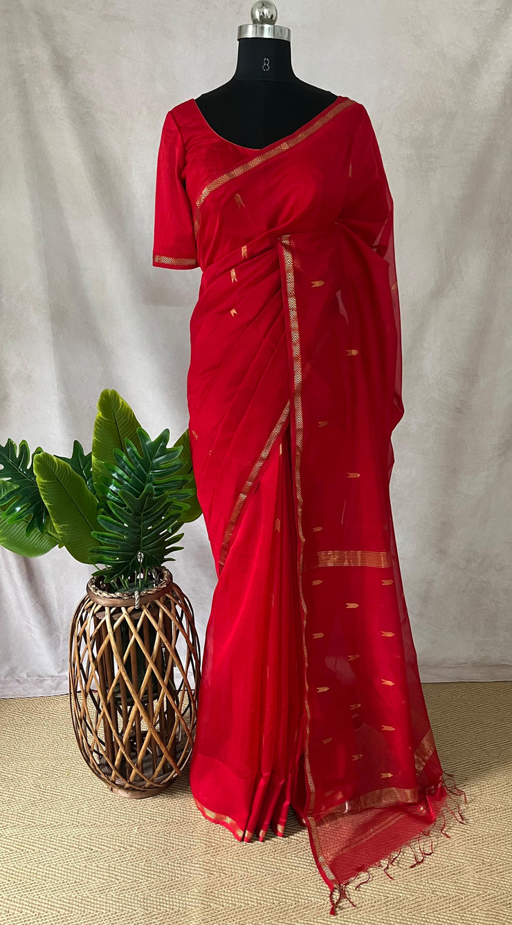 Pure Red Maheshwari silk saree with stitched blouse