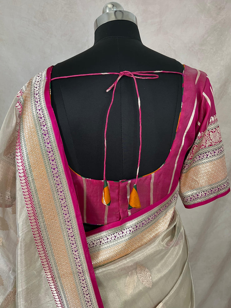 Cora tissue silk saree with multi color banarsi Border, with stitched blouse