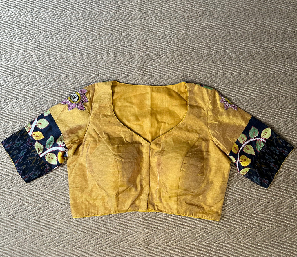Mustard yellow silk blouse with kalamkari patch and hand work
