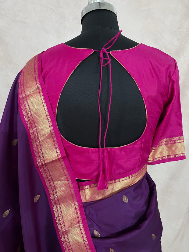 Purple and pink Kanchivaram saree with stitched blouse