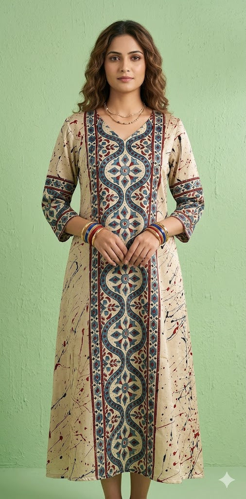 Cream mashru silk kurti with ajrakh hand block print