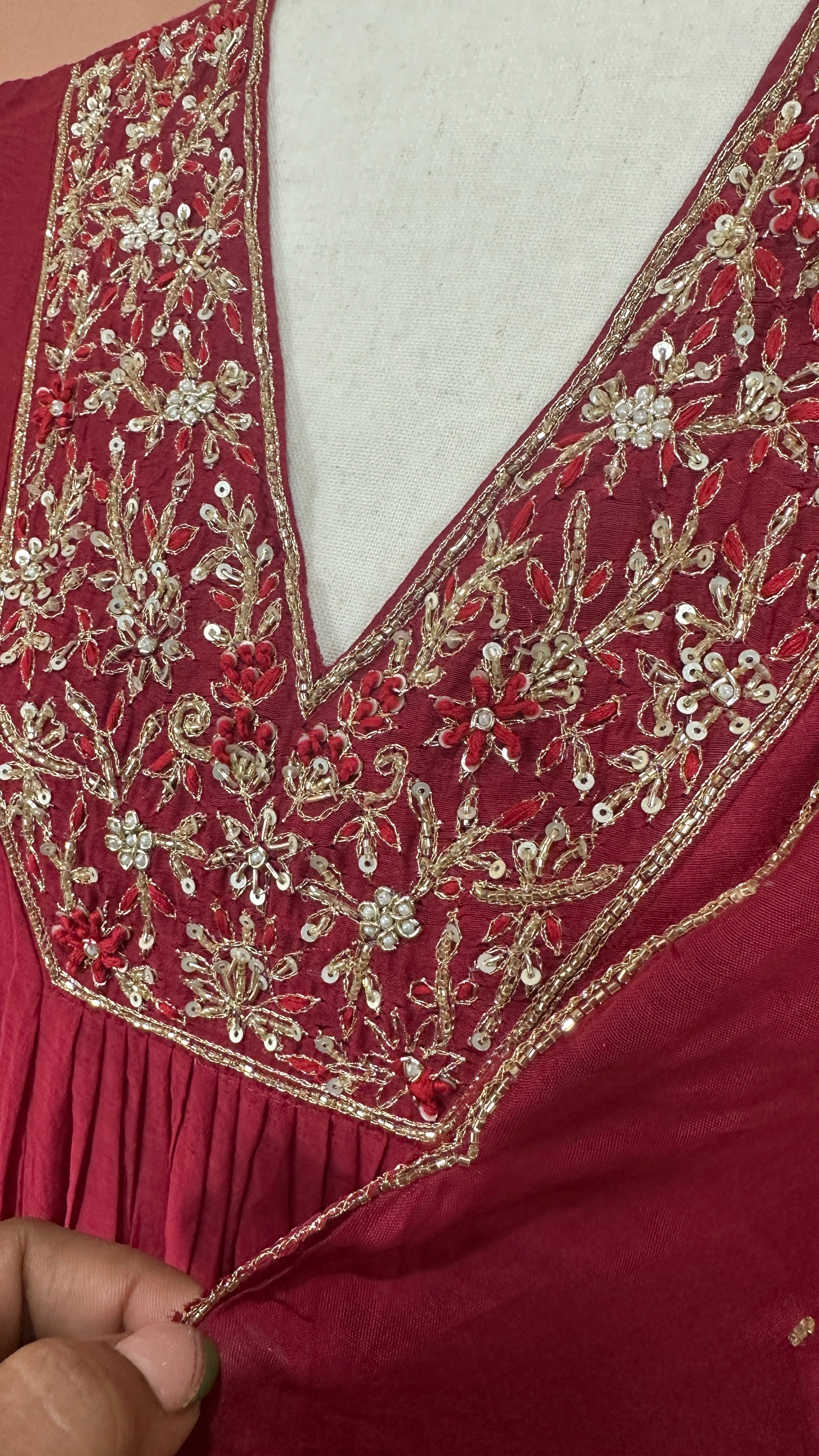 Reddish Maroon Chanderi silk kurti set with hand embroideri